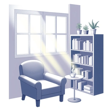 A sunbeam streaming through a window, creating a bright strip of light on the floor. The light highlights a cozy reading nook featuring a soft, upholstered armchair positioned near the window. A small side table holds a steaming cup of tea. The bookshelf nearby is filled with an array of books, some leaning and others standing upright. A few plants are arranged on the shelf, adding a touch of greenery to the scene.