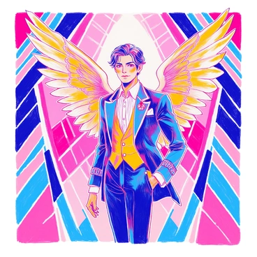A figure representing "Lucifer" stands confidently, with wings spread out elegantly behind him. He has striking features, a sharp jawline, and piercing eyes that exude both charm and intensity. He is dressed in a tailored suit adorned with intricate details, highlighting a blend of sophistication and rebellion. Surrounding him are a series of "geometric patterns" that radiate outward, featuring bold lines and symmetrical shapes that create a dynamic backdrop. The colors are vivid, with contrasting tones that emphasize the figure and patterns.