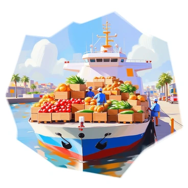 A cargo ship filled with crates of fresh produce and goods for a distant market