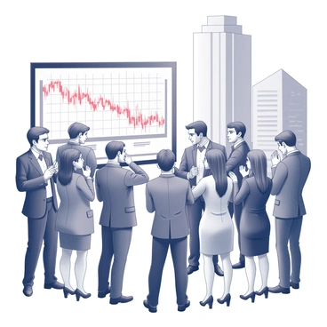 A group of diverse individuals gathered in a modern financial district. They stand in a semi-circle, facing a large electronic screen displaying declining stock market graphs and red numbers. The expressions on their faces range from shock to despair, with some holding their heads in disbelief. A businessman in a suit clenches his jaw and gazes intensely at the screen, while a woman in professional attire covers her mouth in surprise. In the background, tall glass buildings reflect the chaos of the scene, and a few people can be seen on their phones, likely making frantic calls or checking updates.