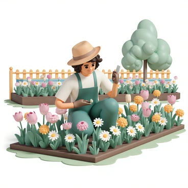 A gardener, wearing a wide-brimmed hat, gloves, and a green apron, kneels in a vibrant garden filled with a variety of blooming flowers. The garden features a mix of colorful tulips, daisies, and marigolds. The gardener holds a small trowel in one hand and a young flower seedling in the other. Sunlight filters through the leaves of nearby trees, casting soft shadows on the ground. In the background, there are rows of flower beds and a wooden fence, enhancing the cheerful atmosphere of the scene.