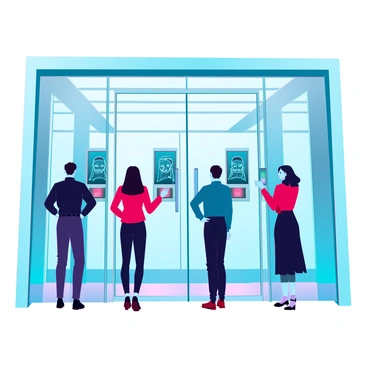 A modern office building with sleek glass doors and a polished entrance. Several employees with diverse appearances are approaching the entrance, each standing in front of a facial recognition system. The systems are integrated into the walls, featuring digital screens that display scanning animations. The employees are wearing business attire, including suits and dresses, and are interacting with the technology as their faces are scanned. The atmosphere conveys a sense of innovation and security, with a bright and well-lit environment inside the building.