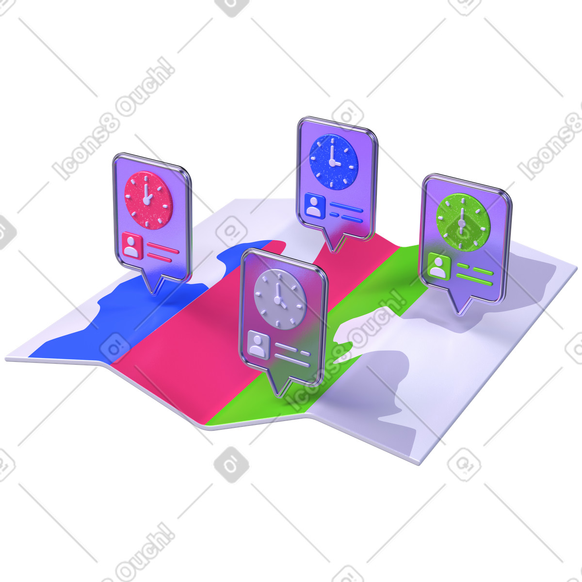 Illustration Collaboration mondiale, gestion d'équipes à distance, coordination des fuseaux horaires dans le style 3D Boost télécharger aux formats PNG, SVG
