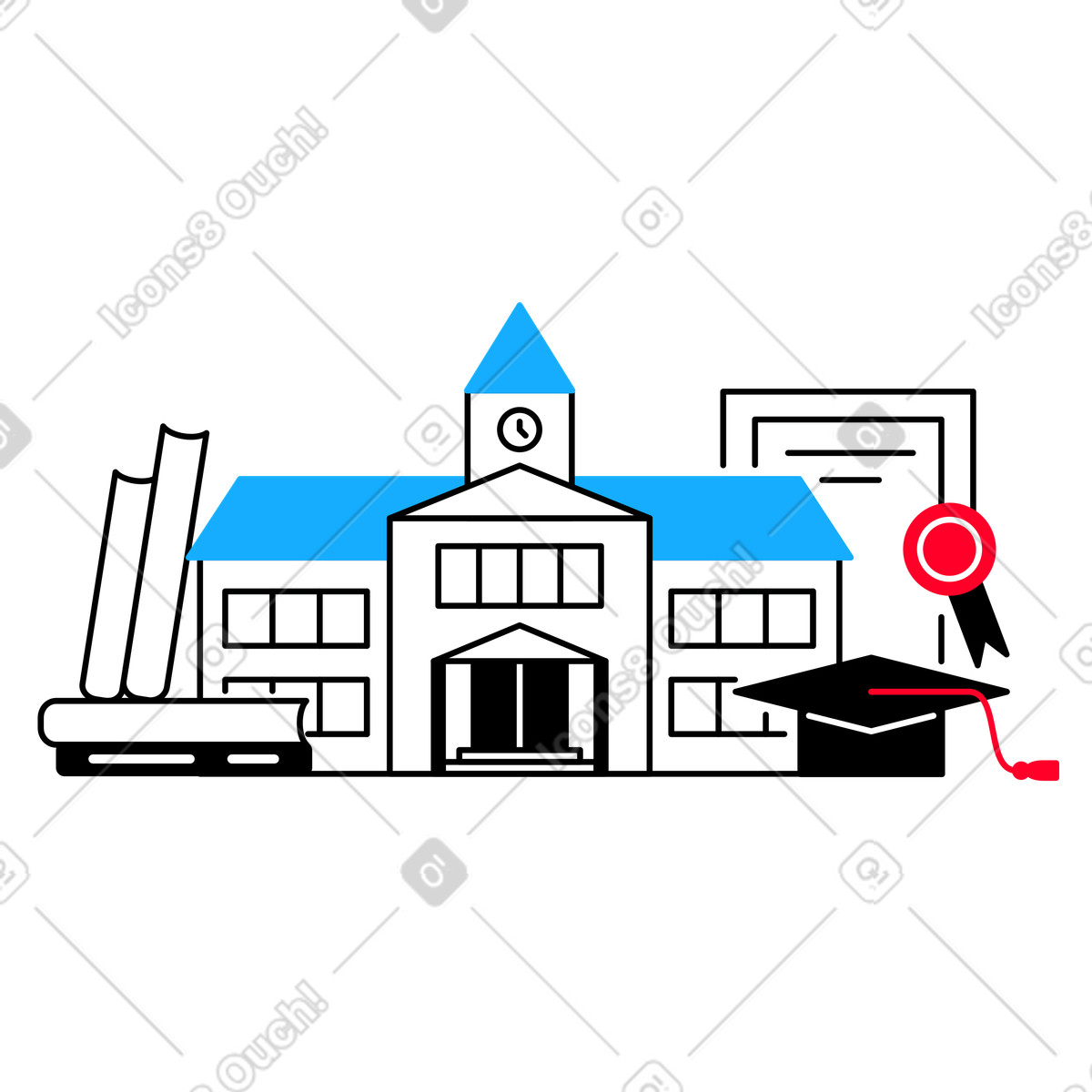University, diploma, books and graduation hat illustration in Transistor style download in PNG, SVG