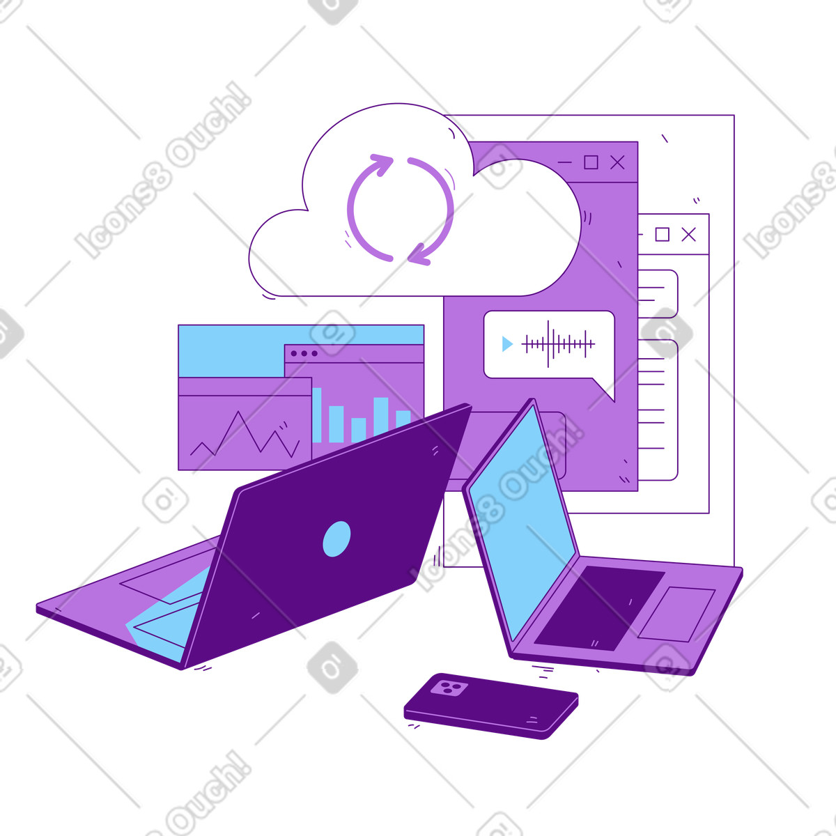Illustration Cloud computing, échange et stockage de données dans le style Storyline à télécharger aux formats PNG, SVG