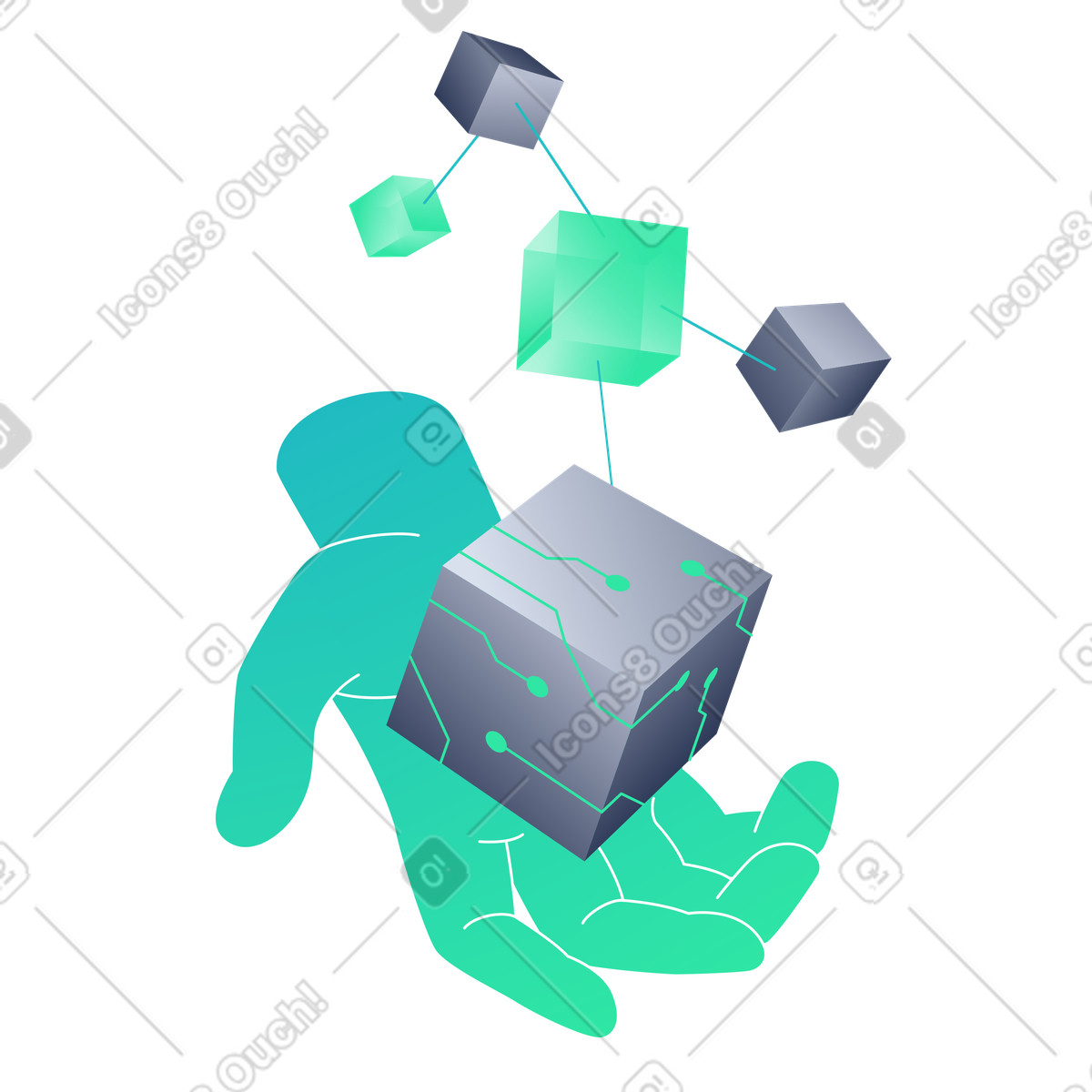 Hand holding blockchain cubes illustration in PNG, SVG