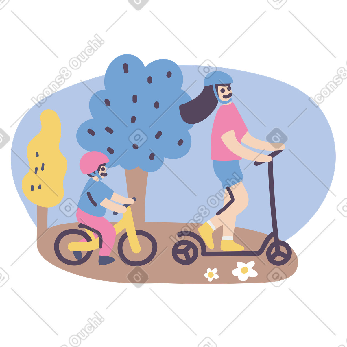 Mother on kick scooter and son bicycle illustration in Pluto style download in PNG, SVG