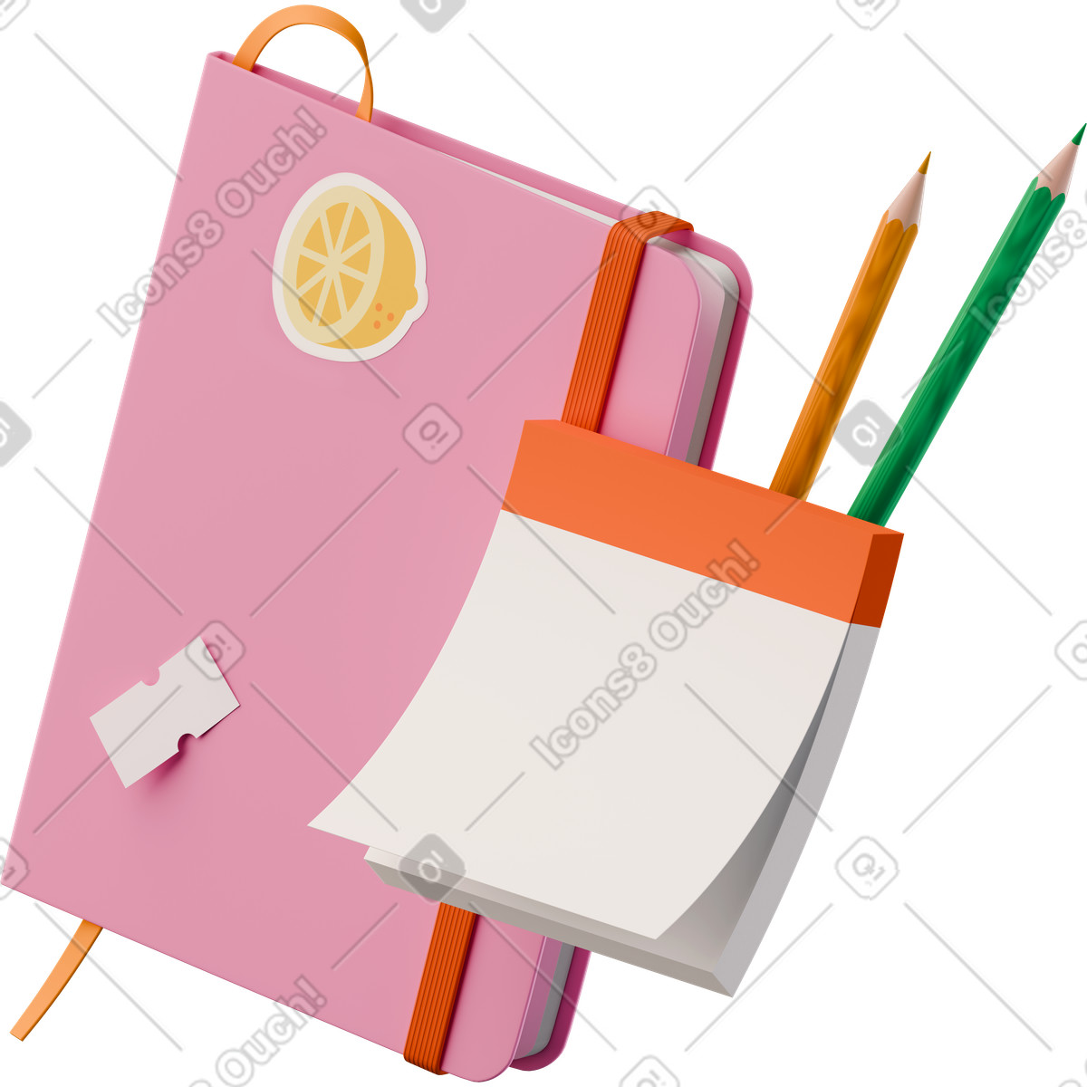 Illustration Isometric view of notebook with stickers notes and pencils dans le style 3D Hygge à télécharger aux formats PNG, SVG