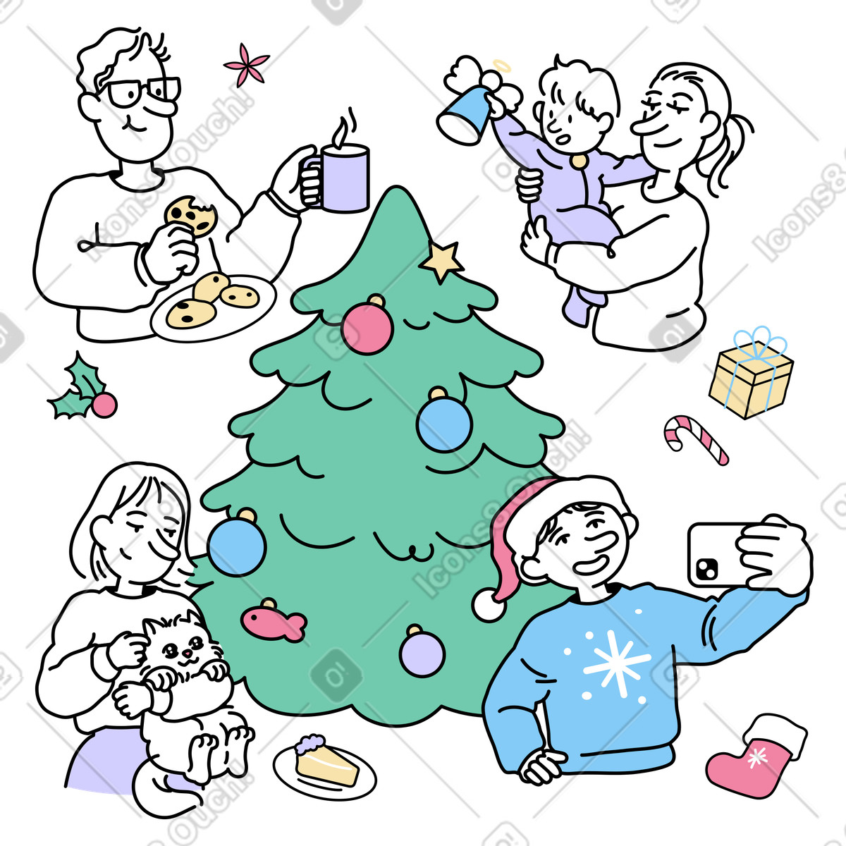 Family around pine tree celebrating Christmas illustration in Notes style download in PNG, SVG