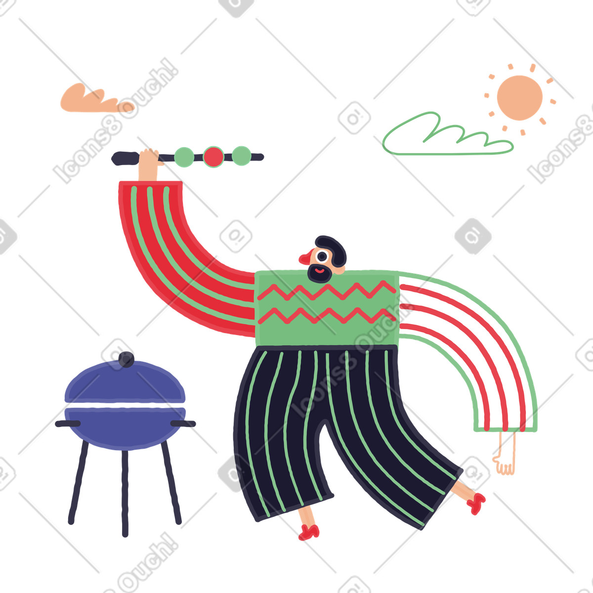 Uomo che griglia un kabob sul barbecue illustrazione in stile Stripy scarica in PNG, SVG