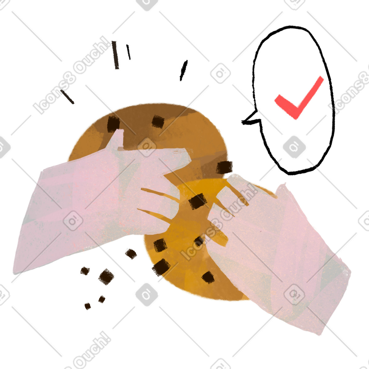 Hands grabbing chocolate chip cookies, user consent for website privacy policy acceptance illustration in Fabulous style download in PNG, SVG