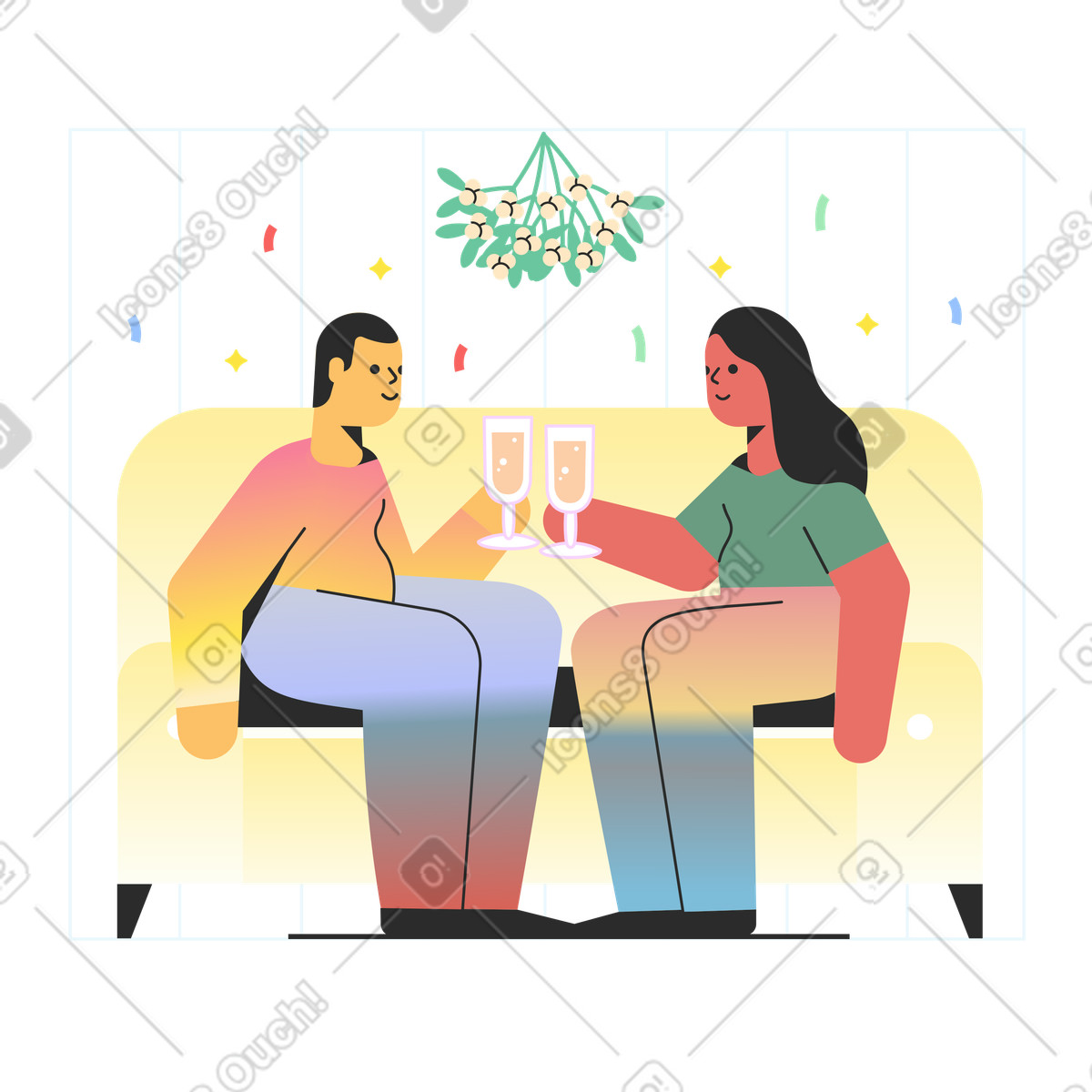 Coppia con bicchieri di champagne seduti sotto il vischio illustrazione in stile Marginalia scarica in PNG, SVG