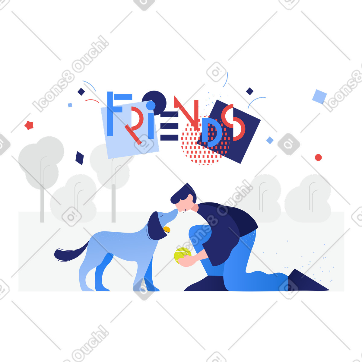 Freunde-schriftzug und mann, der mit hund spielt-Illustration im Clip-Stil als Download in PNG, SVG