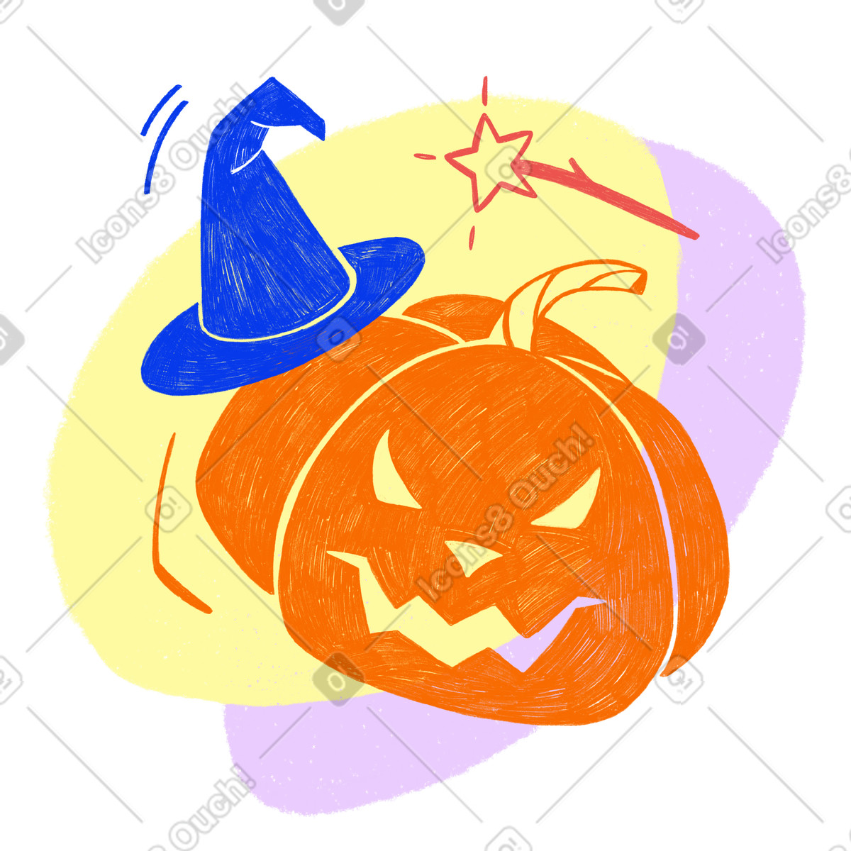 Ilustração de Evil-looking pumpkin with witch hat and magic wand for halloween em no estilo Biro para baixar em PNG, SVG