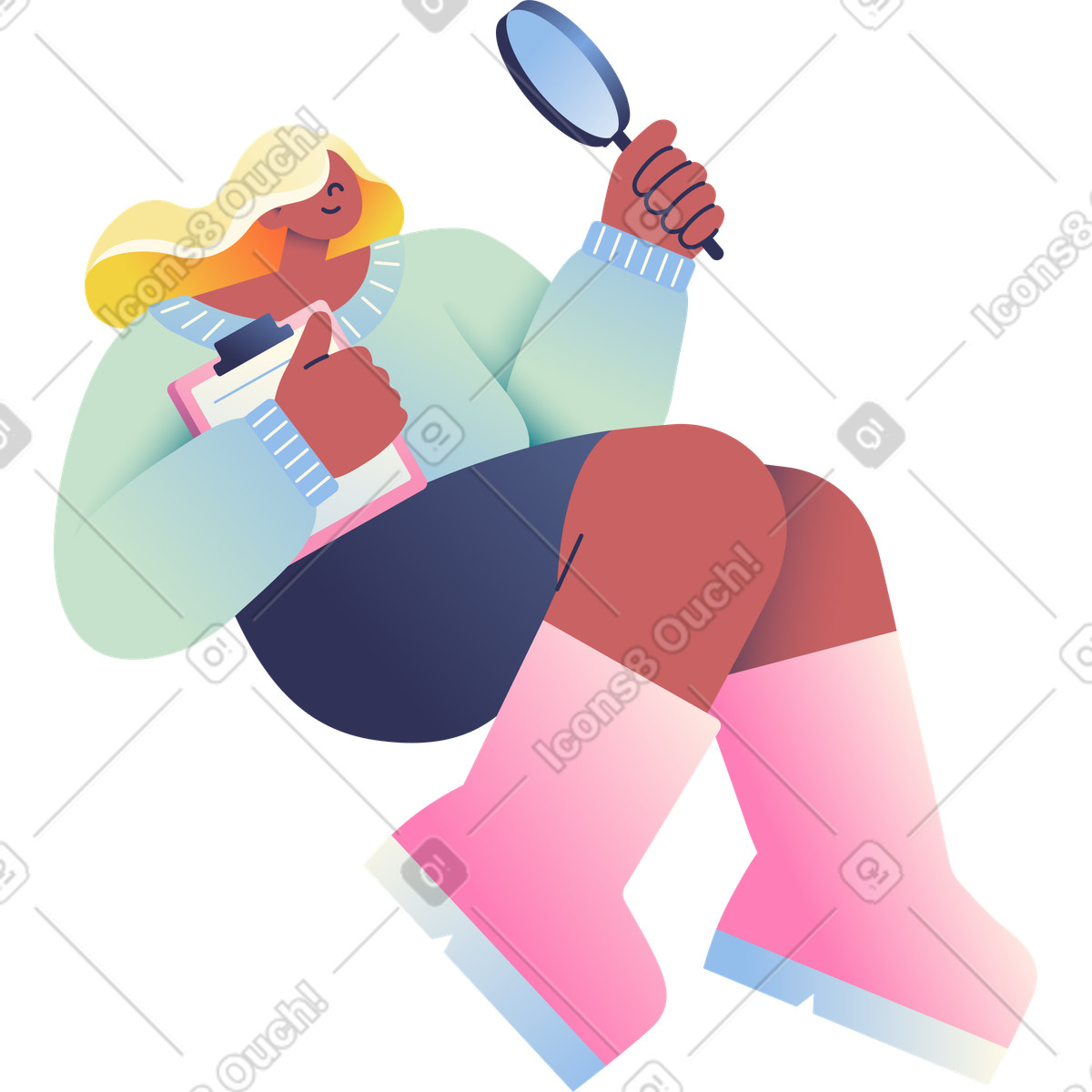Woman with magnifying glass and folder illustration in Beam style download in PNG, SVG