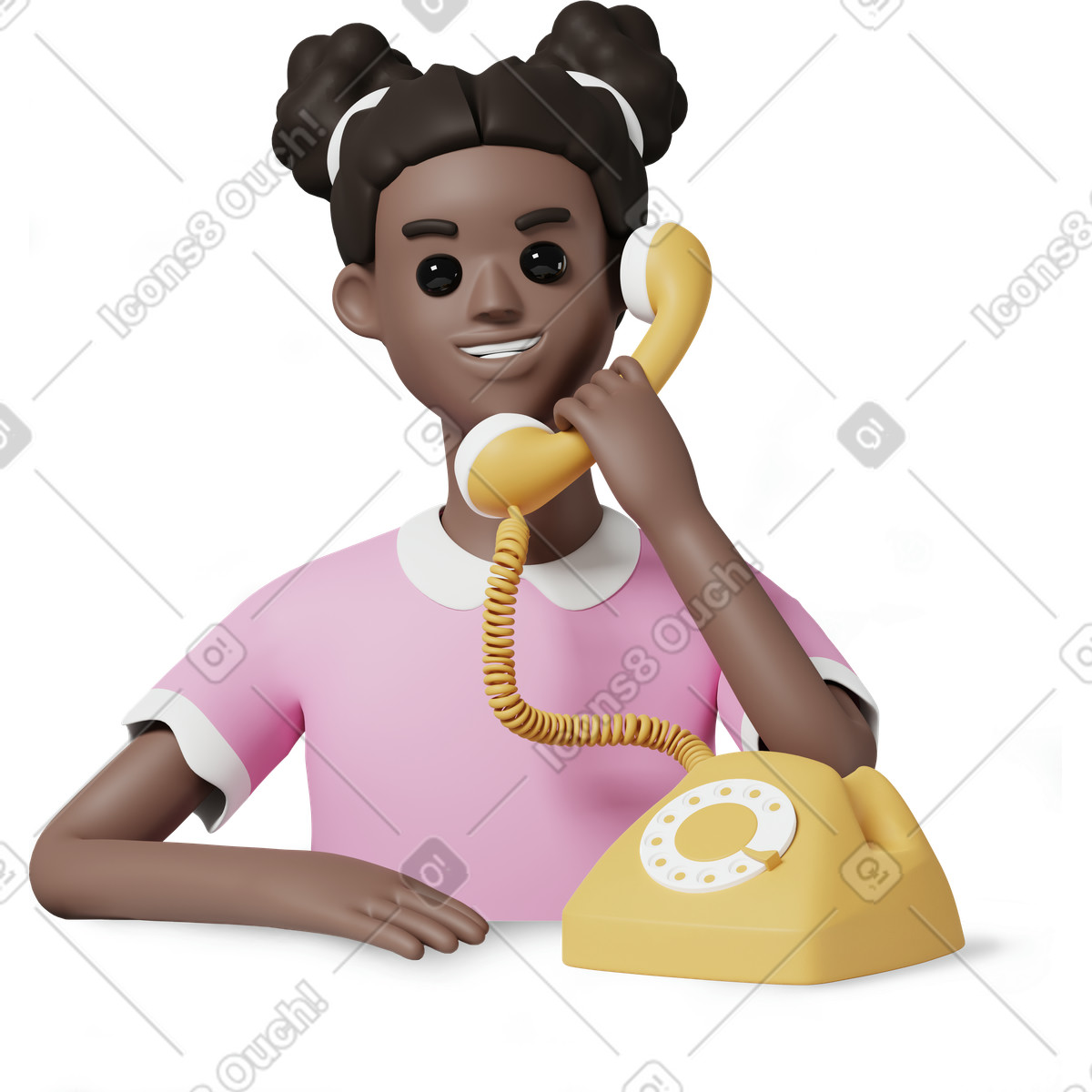 3D Casual life スタイルの レトロな電話で話し、笑顔の女の子 のイラストをPNG、SVG形式でダウンロード