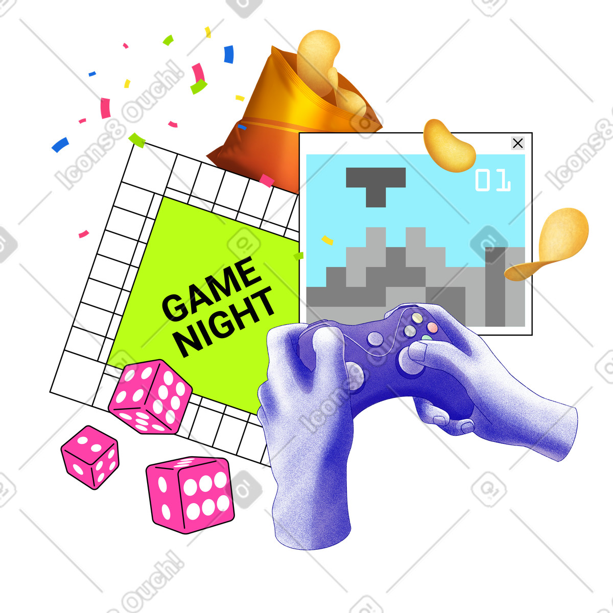 Game night with digital and tabletop games illustration in Jumble style download in PNG, SVG