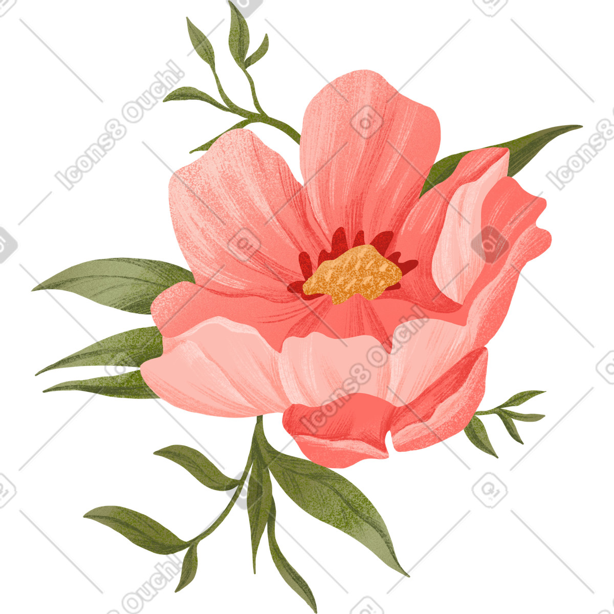 Ilustração de Flor rosa com folhas em no estilo Floral para baixar em PNG, SVG