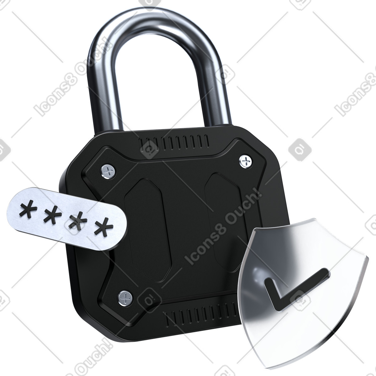 Lucchetto con password e scudo, sicurezza informatica protezione dei dati, privacy su internet illustrazione in stile 3D Pro scarica in PNG, SVG