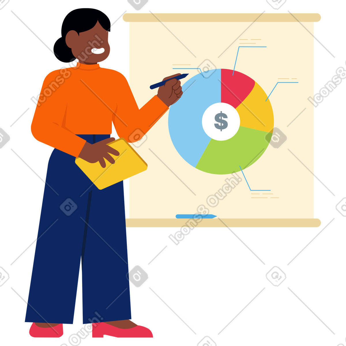Donna che fa una presentazione di vendita con analisi dei dati illustrazione in stile Catchy scarica in PNG, SVG