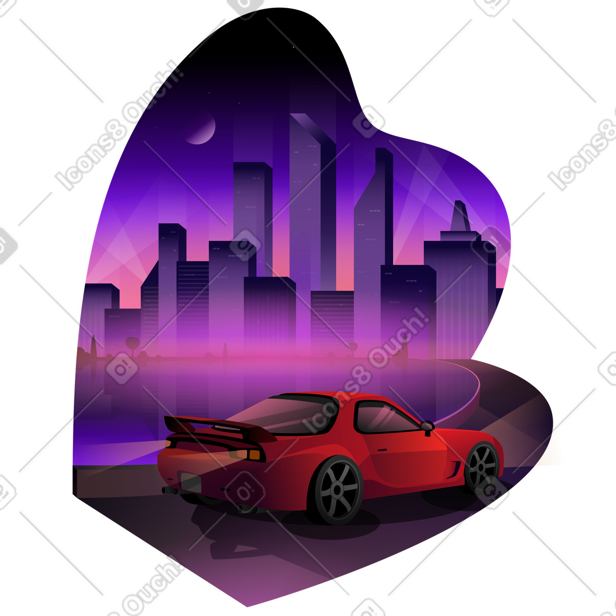 Night city and the red car illustration in Vivid style download in PNG, SVG