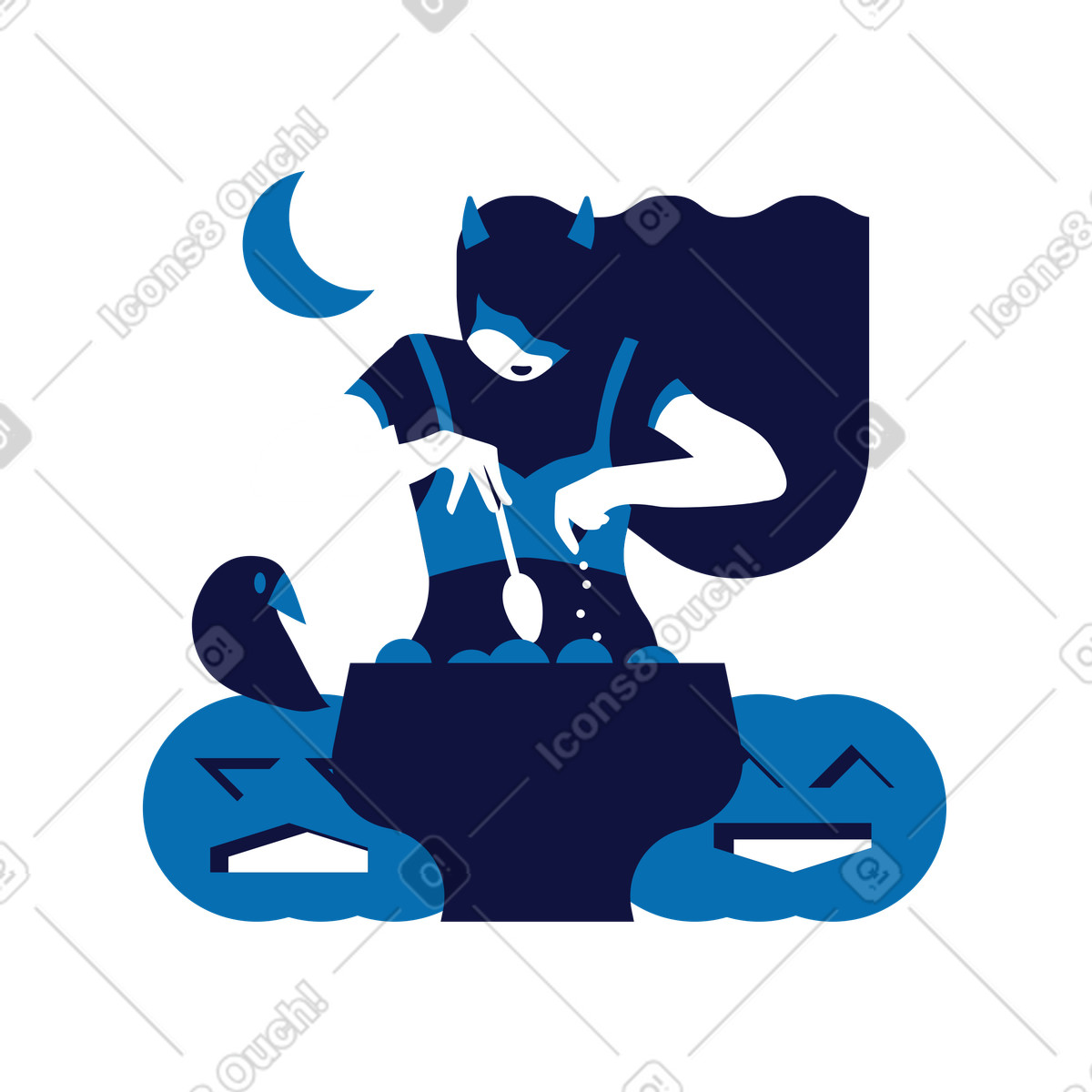 Witch brewing potion by moonlight, Spooky Halloween night concept illustration in Experimental style download in PNG, SVG