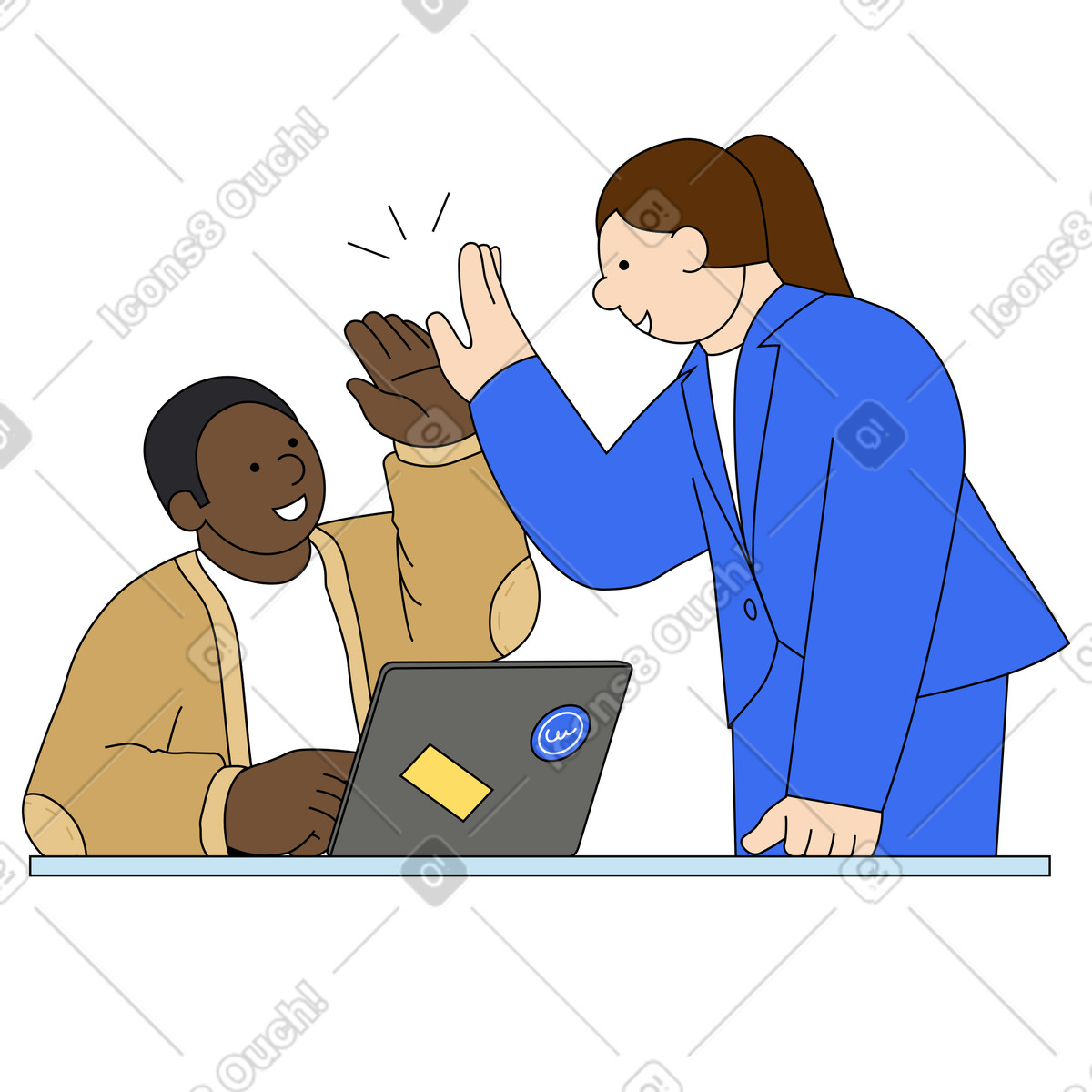 Team celebrating success at work, coworkers high fiving desk illustration in Kindy style download in PNG, SVG