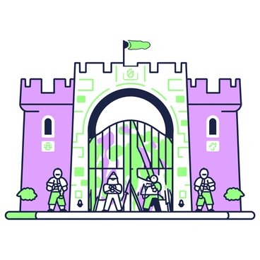 A massive fortress gate stands imposingly, flanked by tall, sturdy stone walls. The gate is adorned with intricate metalwork, showcasing elaborate designs that emphasize its grandeur. Several guards are positioned strategically at the entrance, wearing armor and holding weapons, their expressions vigilant. Above the gate, a stone archway is etched with markings and symbols, hinting at its historical significance. The scene is set against a clear sky, which frames the formidable structure, highlighting its strength and impenetrability.