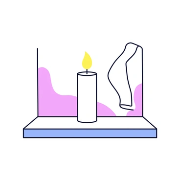 A single lit candle placed upright on a narrow window sill. The candle is white with a smooth surface and has a small flame flickering at the top. The warm light from the flame casts a gentle, soft glow on the window sill and illuminates the surrounding area. The window is slightly open, allowing a hint of outdoor scenery to be visible in the background.