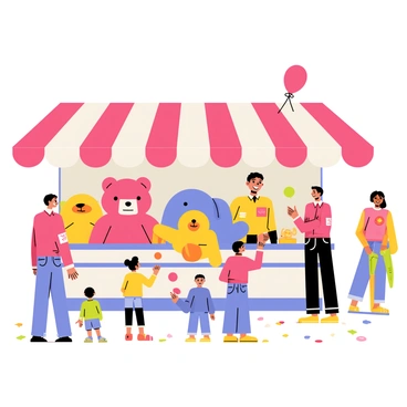 A bustling carnival game booth with a vibrant red and white striped awning. The booth is filled with an array of colorful plush toys including a large pink teddy bear, a bright yellow duck, and a blue elephant. Brightly colored balloons float above the booth, creating a festive atmosphere. A game attendant in a cheerful uniform stands behind the counter, smiling at players. Visitors of various ages are gathered around, some concentrating on throwing balls at targets, while others eagerly await to claim their prizes. The ground is covered with multicolored confetti, adding to the lively scene.