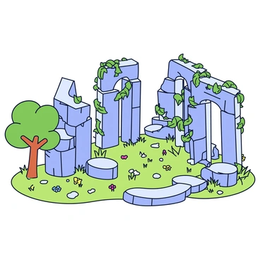 A set of ancient stone ruins with crumbling walls and partially collapsed structures. Vines and green plants are growing over the stones, wrapping around columns and creeping up the walls. The ground is covered with patches of grass, wildflowers, and small trees sprouting between the stones. Sunlight filters through the leaves, casting soft shadows on the ruins.