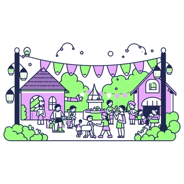 A village festival is taking place in a quaint storybook setting. Colorful banners are strung between the buildings, fluttering softly in the breeze. Numerous lanterns hang from posts and trees, illuminating the scene with a warm glow. Joyful villagers are gathered in small groups, some are dancing, while others are sharing food at long tables. Children are playing games in the square, surrounded by stalls offering handmade crafts. In the background, a charming stone well adds to the village atmosphere, while flowers bloom vibrantly along the pathways.