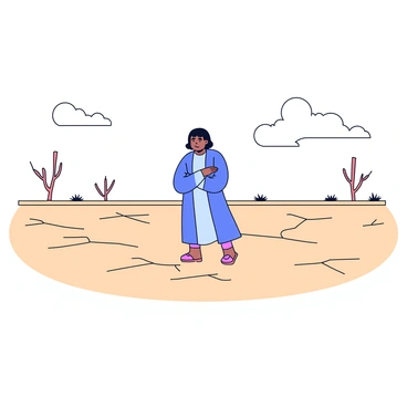 A lone figure dressed in a simple, flowing robe stands firmly on a flat, barren landscape. The ground is dry and cracked, stretching out in all directions. In the background, there are a few sparse, leafless trees that add to the desolate atmosphere. The figure has their arms crossed, conveying a sense of determination. A soft breeze seems to move the fabric of the robe slightly, indicating a quiet yet powerful presence. The sky above is clear, with a few light clouds drifting by, emphasizing the solitude of the scene.