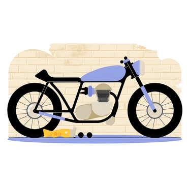 A custom-built café racer motorcycle with a sleek black frame and chrome accents is positioned prominently in the foreground. The bike features a minimalist design with a low-slung seat and handlebars, emphasizing its racing heritage. The wheels are spoked with wide tires, giving it a robust appearance. Behind the motorcycle, there is an industrial backdrop of a weathered brick wall, with visible patches of peeling paint and exposed bricks. Scattered around the base of the bike are tools and spare parts, hinting at the café racer's journey and customization process.