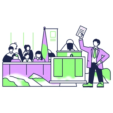 A lawyer is standing in a courtroom, presenting a piece of evidence. The lawyer is wearing a tailored suit with a crisp white shirt and a tie. They are holding up a document in their right hand for everyone to see, while their left hand rests on the desk. Behind the lawyer, a judge is seated at the bench, wearing a black robe. The courtroom is filled with rows of wooden benches, and there are spectators watching the proceedings. A large flag is positioned in the corner of the room.