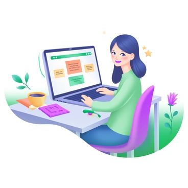 A modern pastel illustration depicting a person sitting at a sleek desk, focused on a laptop. The laptop screen displays a webpage with uplifting content, including positive quotes and friendly feedback. Surrounding the laptop are colorful notes and a cup of coffee, creating a productive atmosphere. The person is smiling, wearing casual clothes, and there are bright plants in the background, adding a sense of freshness to the scene.