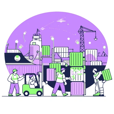 A scene at night showing workers loading containers onto a ship. The ship is docked at a bustling port, illuminated by several bright lights that create a vibrant atmosphere. Workers are wearing safety vests and hard hats as they carefully maneuver colorful containers with a forklift. The containers are stacked on the dock and are in various positions, some being lifted while others are being positioned on the ship's deck. In the background, silhouetted against the lights, a crane towers over the scene, with its arm extended towards the ship.