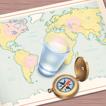 A clear shot glass is resting on an antique map that features beautifully detailed illustrations of old world territories. The map has faded colors, with intricate markings and notations. Next to the shot glass is an ornate brass compass, its needle pointing north. The compass has a polished finish with engraved patterns on its lid. The background consists of a subtle wooden surface that complements the vintage theme of the map and compass.