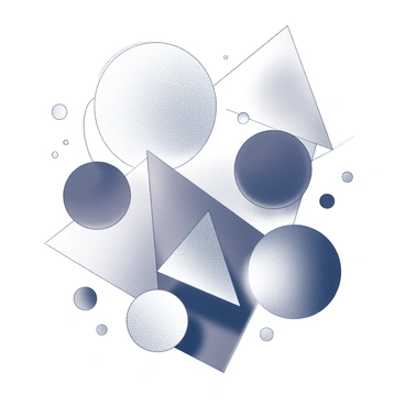 A monochrome drawing featuring a variety of bold geometric shapes and dynamic lines. The composition includes overlapping circles, triangles, and squares that create a sense of movement. Thick lines are used to outline each shape, and the contrast between solid areas and empty spaces enhances the visual impact. The shapes vary in size, some large and central, while others are smaller and dispersed throughout the image. The interplay of positive and negative space adds depth to the overall design.