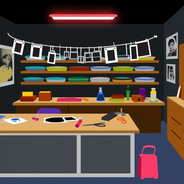 A photographer's darkroom set up in a garage with wooden shelves lined with developing trays filled with clear and dark liquids. The space is dimly lit, with a red safe light hanging overhead casting a warm glow. Scattered around the room are various black and white photographs hanging on a makeshift drying line, some still wet with glistening drops of water. A large worktable is covered in photography tools, including scissors, a changing bag, and a roll of film. The walls are adorned with posters of famous photographers and images of classic cameras.