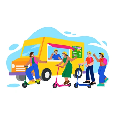 A cheerful scene of friends stopping by an ice cream truck on their folding scooters