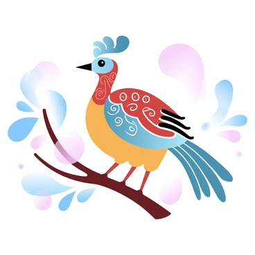 A lyrebird is perched gracefully on a branch, its body adorned with intricate swirling patterns in vibrant shades of red, blue, and yellow. The feathers of the lyrebird are elongated and elegant, with a distinctive tail that fan out dramatically. Surrounding the bird are various abstract shapes that reflect traditional Aboriginal art styles, filled with gradient pastel colors. The background features a blend of soft hues, creating a harmonious atmosphere that emphasizes the detailed patterns of the lyrebird and its environment.