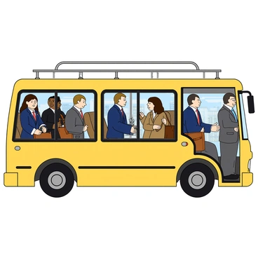 A small bus is packed with commuters wearing various outfits suitable for work. Inside, there are men in suits with briefcases and women in smart dresses holding handbags. Some commuters are standing while others are seated, all showing expressions of focus and anticipation. The bus is painted bright yellow with large windows, allowing a glimpse of the bustling city street outside. The morning sun is shining through the windows, casting soft shadows inside the bus. The passengers are surrounded by overhead handles and patterns on the bus seats.