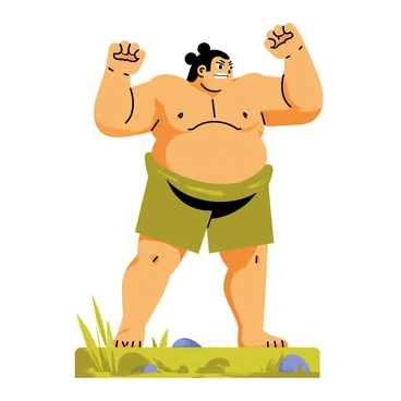 A large bronze statue of a sumo wrestler stands prominently in a dynamic fighting stance. The wrestler's muscular arms are raised, showcasing detailed ripples in the bronze surface. His feet are firmly planted on a textured base, giving the impression of strength and stability. The facial features of the sumo wrestler are expressive, with a furrowed brow and focused eyes, conveying the intensity of competition. Surrounding the statue, there are patches of green grass and a few small stones, enhancing the scene with natural elements. The sunlight casts shadows on the statue, highlighting its intricate details and giving it a lifelike appearance.