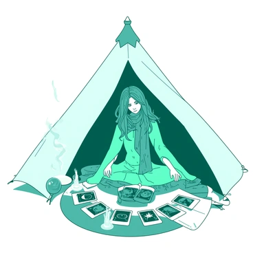 A teal fortune teller with long flowing hair is sitting cross-legged inside a white tent. She wears a flowing gown adorned with intricate patterns and has a vibrant scarf draped around her head. The tent is softly illuminated by a series of small white candles placed on a rounded table. In front of her is a spread of tarot cards, with elaborate illustrations visible on their surfaces. Surrounding the table are various mystical objects, including a crystal ball and incense smoke curling upwards. The atmosphere is filled with a sense of intrigue and anticipation as the fortune teller gazes intently at the cards.