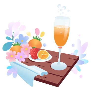 A coupe glass filled with a vibrant mimosa is placed on a rustic wooden outdoor brunch table. The mimosa has a bright orange color with bubbles rising to the surface. Nearby, there are fresh fruit slices of orange and strawberries arranged on a small white plate. In the background, colorful flowers are in bloom, adding a touch of brightness to the scene. A delicate napkin is folded beside the glass, and sunlight casts soft shadows on the table surface.