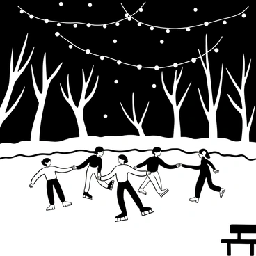 A group of people ice skating on a frozen pond, gliding effortlessly across the smooth surface. The pond is surrounded by trees, silhouetted against the night sky. Twinkling lights are strung between branches above, creating a festive atmosphere. Some skaters are holding hands as they spin and twirl, while others are practicing their moves. A small wooden bench is visible at the edge of the pond, adding to the scene.
