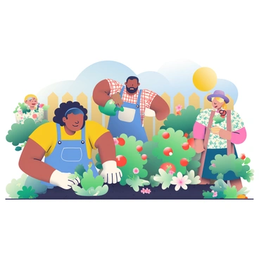 A vibrant community garden filled with various plants and flowers is the main focus of the image. In the foreground, a diverse group of individuals is actively tending to the garden. A woman with curly black hair is planting seeds in the soil, wearing a yellow t-shirt and denim overalls. Next to her, a man with a brown beard is watering plants with a green watering can, dressed in a plaid shirt and work gloves. To the side, an elderly woman with grey hair is pruning a bush, wearing a wide-brimmed hat and a floral dress. A child with blonde hair is joyfully picking ripe tomatoes from a bush. The background shows a wooden fence and a sunny blue sky, completing the scene of collaboration and community spirit.