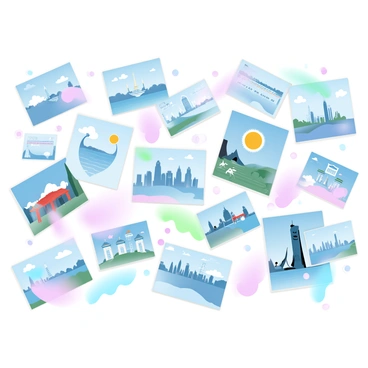 A wall is covered with a colorful array of postcards. Each postcard features different landmarks, scenes, and cultural symbols from various places around the world. The postcards are pinned neatly, overlapping slightly to create a layered effect. The overall composition of the wall is vibrant, showcasing a blend of countries and cities, with a mix of colors and images that invite exploration and curiosity. Some postcards are larger, depicting famous attractions, while others are smaller and more personal, capturing unique local experiences.