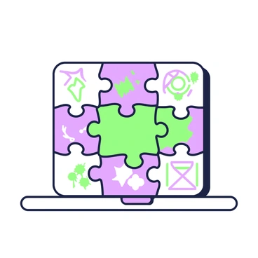 A large puzzle pattern is displayed on a flat surface. In the center, there is a puzzle piece that fits perfectly into the surrounding pieces. The puzzle piece has unique interlocking shapes along its edges. Each piece of the larger puzzle features different designs and colors, showcasing a variety of images or patterns that are seamlessly connected. The setting is well-lit, allowing the details of the puzzle pieces to be clearly visible.
